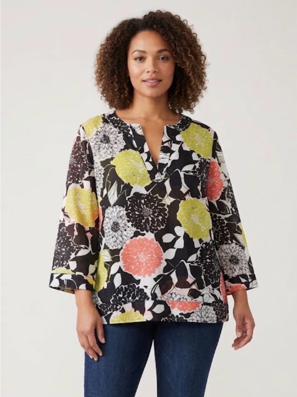 Lafayette 148 New York Floral V-Neck Black Multi Blouse